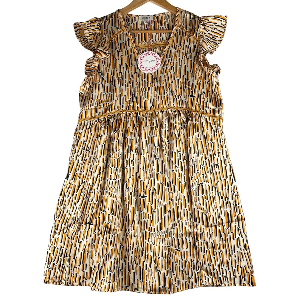 Umgee Mustard Yellow Black Abstract Print Ruffle Sleeve Babydoll Mini Dress M